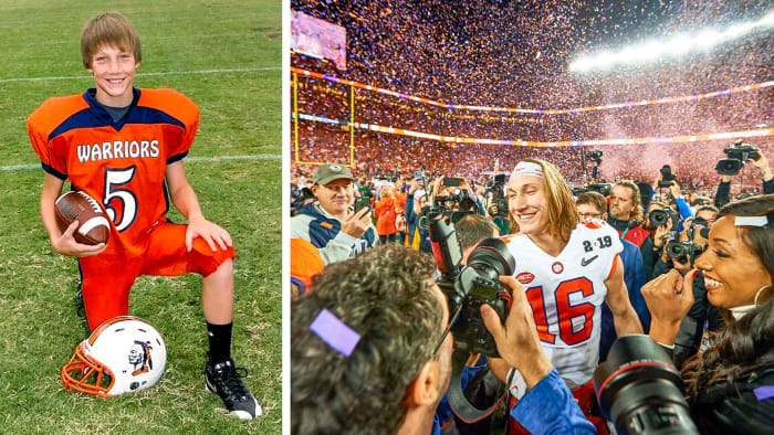 Trevor Lawrence as a youth football player, and after winning the national title game in 2019